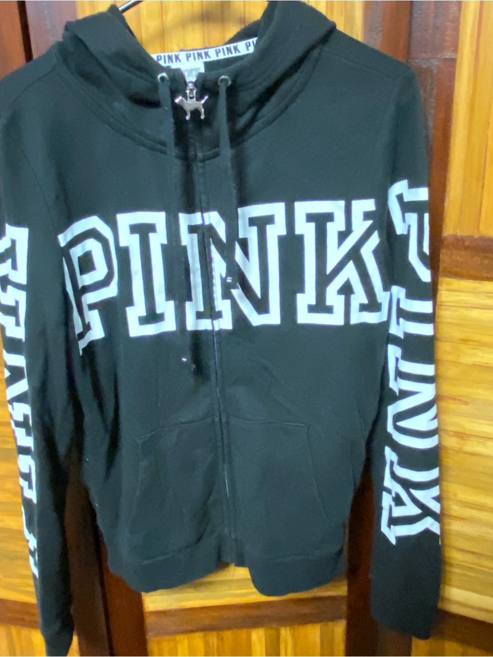 PINK Black Zip-Up Hoodie with White Lettering Victorias Secret